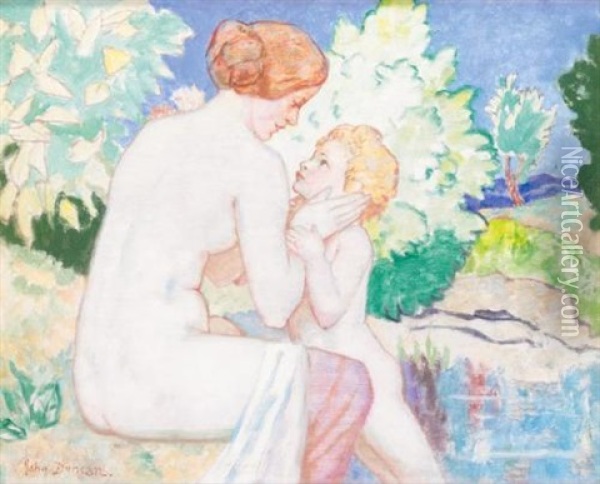 Mother And Child Bathing Oil Painting - John Duncan