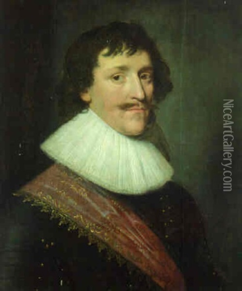 Portrait Of A Gentleman In A Black Coat Wearing The Orange Sash Of The Dutch Military Service Oil Painting - Michiel Janszoon van Mierevelt