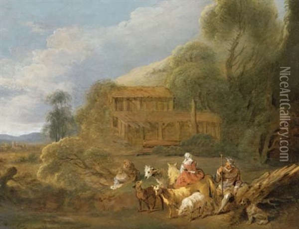An Arcadian Landscape With Shepherds And Shepherdesses Resting By A Pond Oil Painting - Jean-Baptiste Pater