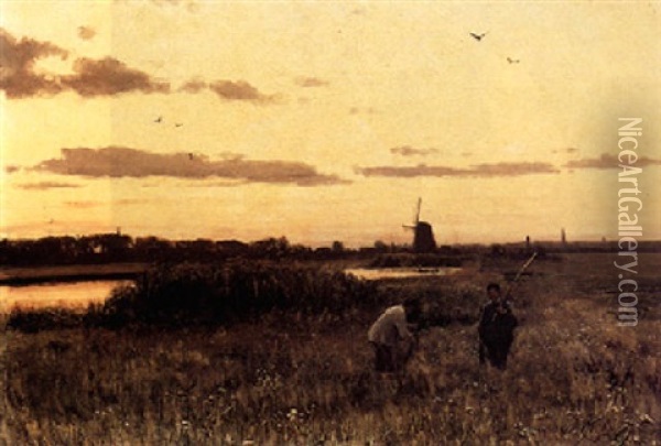 Workers In The Field Oil Painting - Julius Jacobus Van De Sande Bakhuyzen