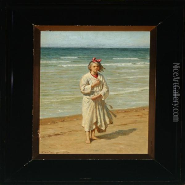 Beach With Blond Girl In White Robe Oil Painting - Niels Frederik Schiottz-Jensen