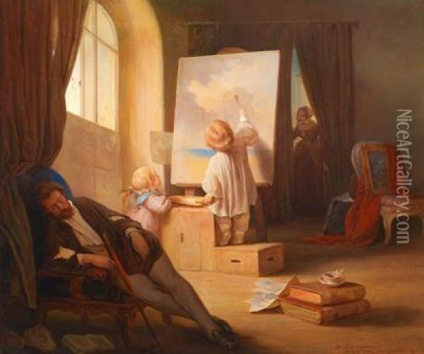 Der Schlafende Maler Oil Painting - Josef Danhauser