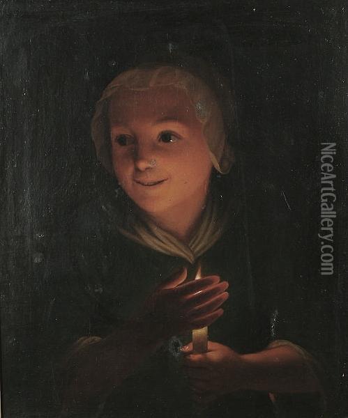 A Girl Holding A Candle Oil Painting - Godfried Schalcken