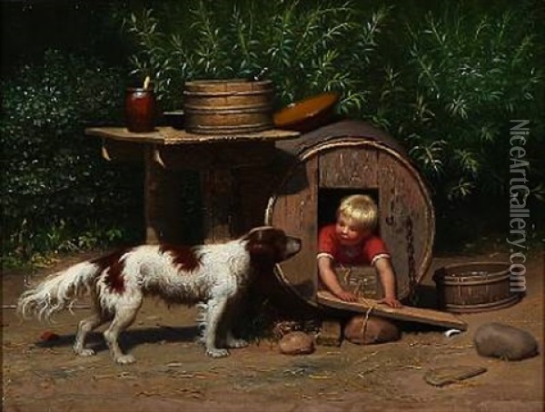 A Boy Playing With His Dog Oil Painting - Anton Laurids Johannes Dorph