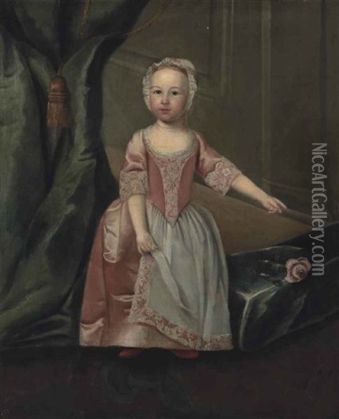 Portrait Of A Young Girl, Traditionally Identified As Catherine Smith Barry (1751-1795), As A Young Girl, Standing Full-length, In A Pink Dress And Bonnet, Before A Blue Curtain Oil Painting - Arthur Devis