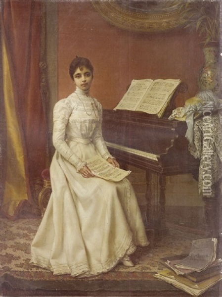 Interior Scene Of A Young Lady Wearing A White Dress Seated At A Piano Forte Oil Painting - Jan Portielje