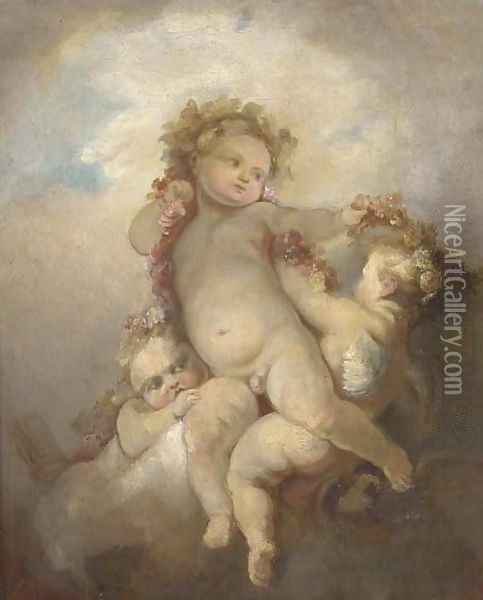 Three putti playing with a garland of flowers Oil Painting - Jean-Honore Fragonard