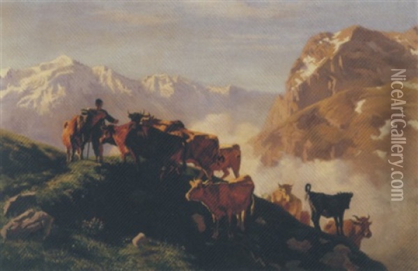 Morning In The Alps Oil Painting - Albert Lugardon