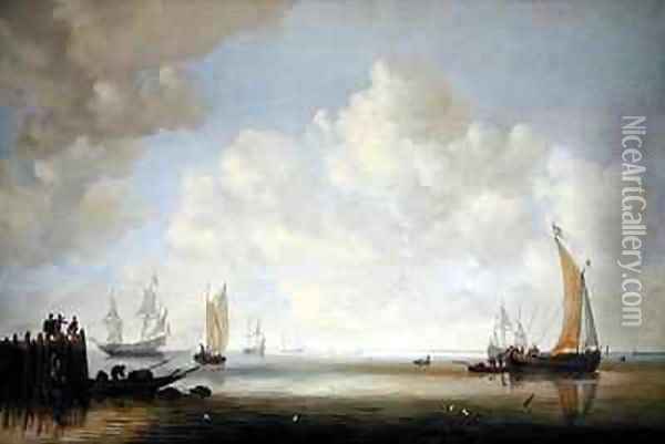 Ships offshore in a calm with figures on a jetty Oil Painting - Willem van Diest