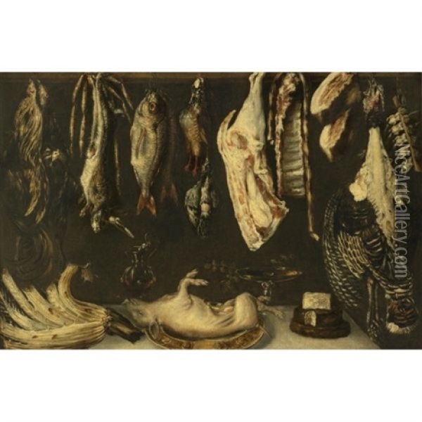 Still Life With Fish And Game Hanging From A Wood Beam, With A Pig On A Platter, Cheese, A Cardoon And Other Objects Resting On A Table Oil Painting - Alonso De Escobar