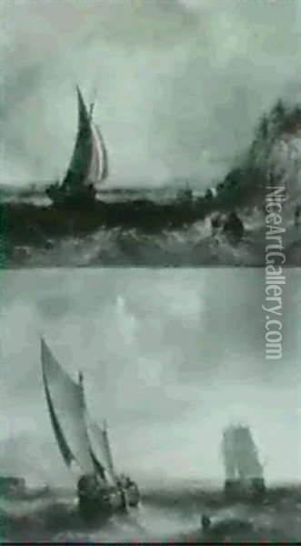 To Marinemalerier Med Sejl- Skibe Udfor Kyst Oil Painting - John Warkup Swift