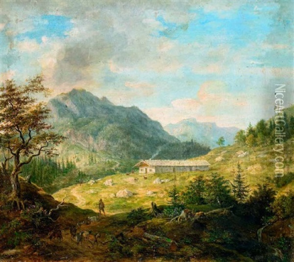 Alpenlandschaft Mit Alm Und Weidevieh Oil Painting - Johann Jakob Dorner the Younger