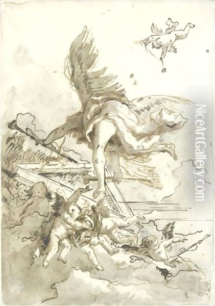 Fame, Surrounded By Putti, Seen From Below, Flying Around A Pediment Oil Painting - Giovanni Domenico Tiepolo