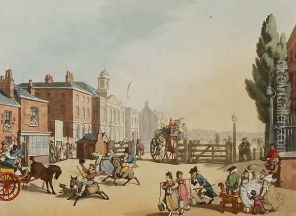 Entrance of Tottenham Court Road Turnpike with a view of St. Jamess Chapel, engraved by Heinrich Joseph Schutz 1760-1822, pub. 1809 Oil Painting - Thomas Rowlandson
