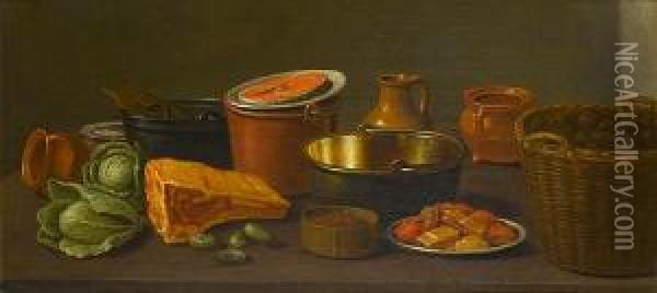 Copper Pots With Earthenware On A
 Table Top,with Meat, Salad, Cucumbers, Lentils And Nuts In A 
Wickerbasket Oil Painting - Floris Gerritsz. van Schooten