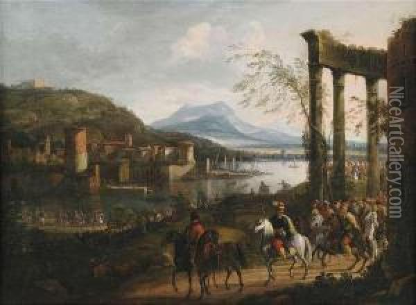 Extensive Italianate River Landscape With Ruins, 
Port And A Cavalcade. Oil Painting - Willem Van Bemmel