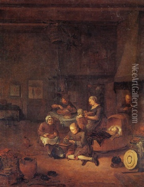 An Interior With A Peasant Family Dining Oil Painting - Egbert van Heemskerck the Elder