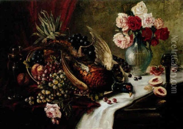 Still Life With Fruit, Flowers And Pheasant Oil Painting - Nikolaus (Niko) Woehlk