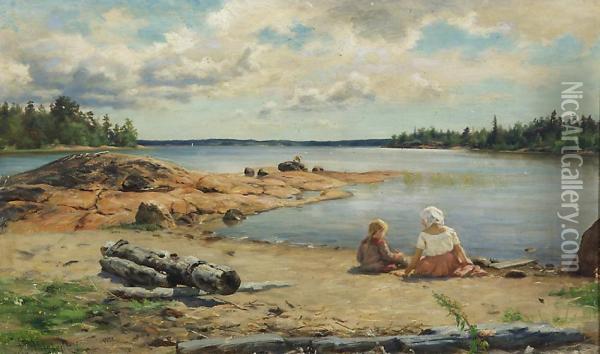 Heinakuun Paiva Rannalla Oil Painting - Fredrik Ahlstedt