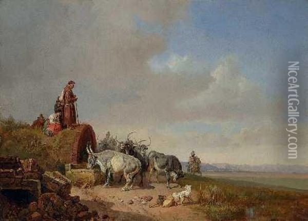 Rinderherde An Einembrunnen In Der Campagna Oil Painting - Heinrich Burkel