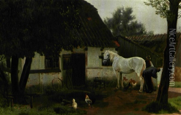 Hesten Skoes Pa Gardspladen Oil Painting - Simon Simonsen