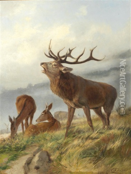 Bellowing Stag With Hinds Oil Painting - Carl Friedrich Deiker