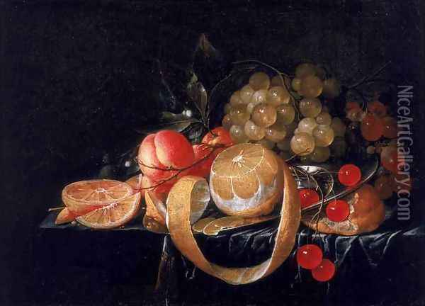A Still Life with a lemon grapes cherries and apricots on a pewter plate Oil Painting - Cornelis De Heem