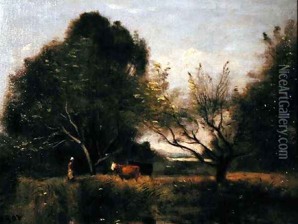 Landscape with Cattle Oil Painting - Jean-Baptiste-Camille Corot