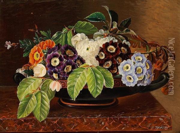 F. Thorsoe: Primula And Fresh Beech Twigs In A Greek Bowl Oil Painting - Sophie Madsen