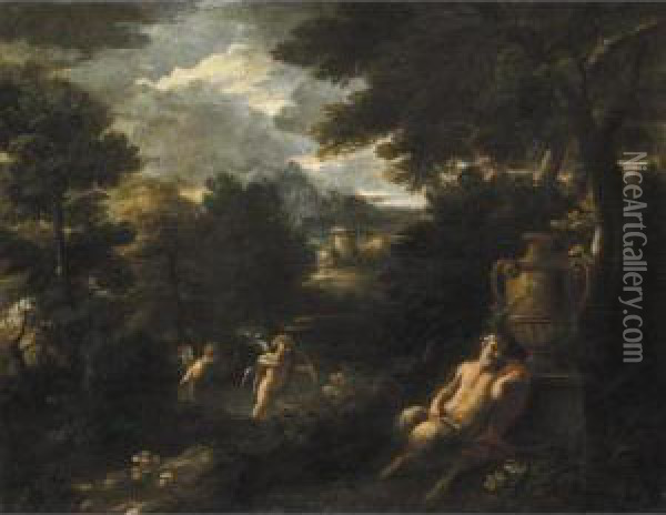 Fauno E Amorini In Un Paesaggio Oil Painting - Cirlce Of Filippo Lauri