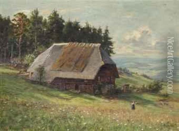 A Farm In An Alpine Landscape Oil Painting - Wilhelm Hasemann