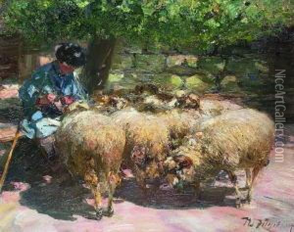 Eine Schafherde Drangt Sich Um Ihren Hirten Oil Painting - Heinrich Johann Von Zugel