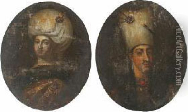 A Turkish Nobleman; Turkish Noblewoman Oil Painting - Jan-Baptiste Vanmour