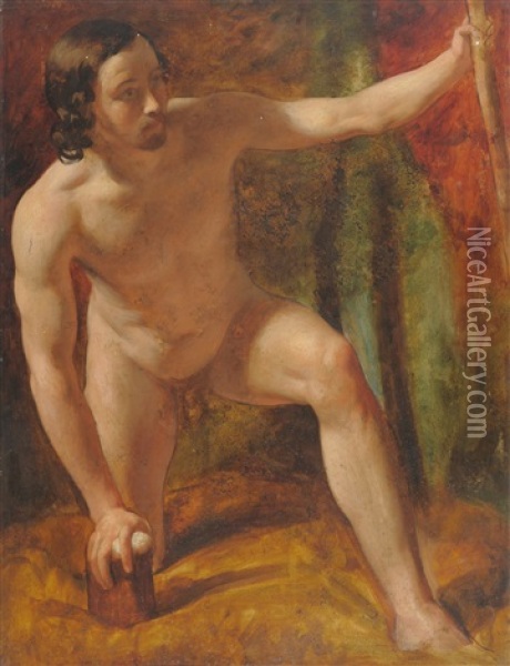 Male Nude, Crouching, His Left Hand Holding A Wooden Staff (study) Oil Painting - William Etty