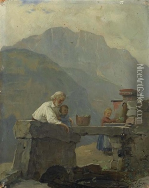 Am Brunnen Oil Painting - Josef Bueche