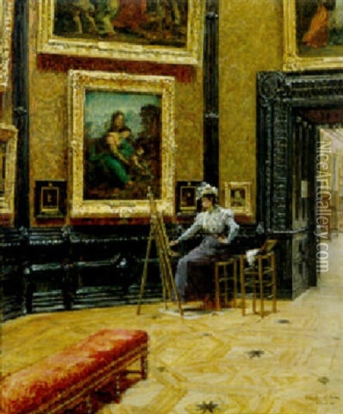 An Artist In The Louvre, Paris Oil Painting - Louis Beroud
