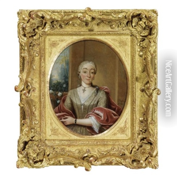 Portrait Of A Lady, Half Length, Wearing A Beige Dress And A Red Velvet Stole Oil Painting - Tiebout Regters