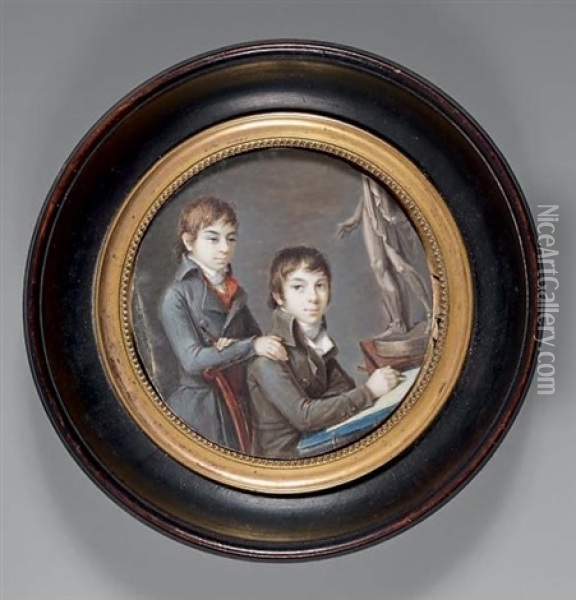 Deux Jeunes Garcons Dessinant Oil Painting - Jean Baptiste Sambat