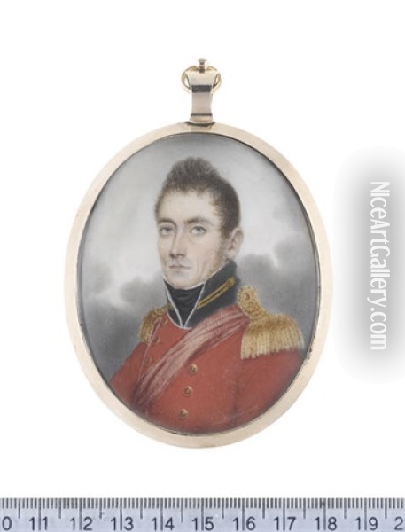 Colonel Gill, Wearing Red Coat With Dark Green Standing Collar, Gold Buttons And Epaulettes, A Red Sash Worn Across His Left Shoulder, White Chemise And... Oil Painting - Nathaniel Plimer