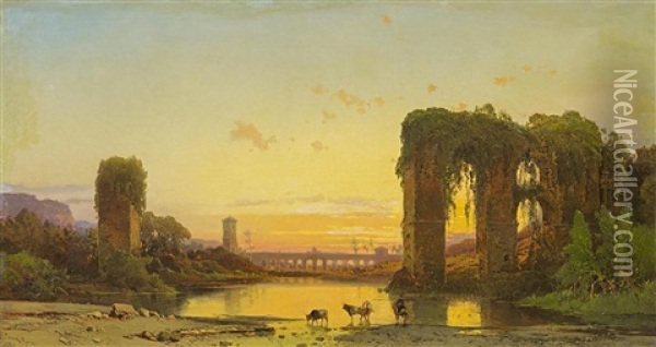 Tiberlandschaft Mit Antiken Ruinen, Abendstimmung Oil Painting - Hermann David Salomon Corrodi