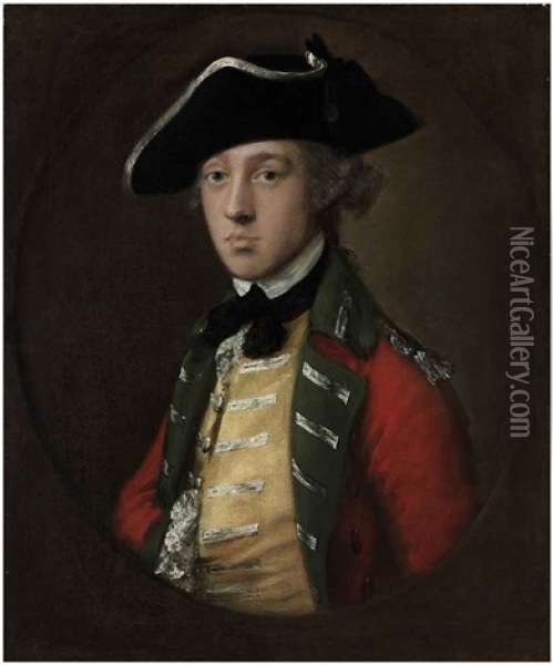 Portrait Of An Officer, (general James Wolfe? ) In Military Uniform With A Scarlet Coat With Green Facings And A Yellow Waistcoat With Loops Of Lace Oil Painting - Thomas Gainsborough