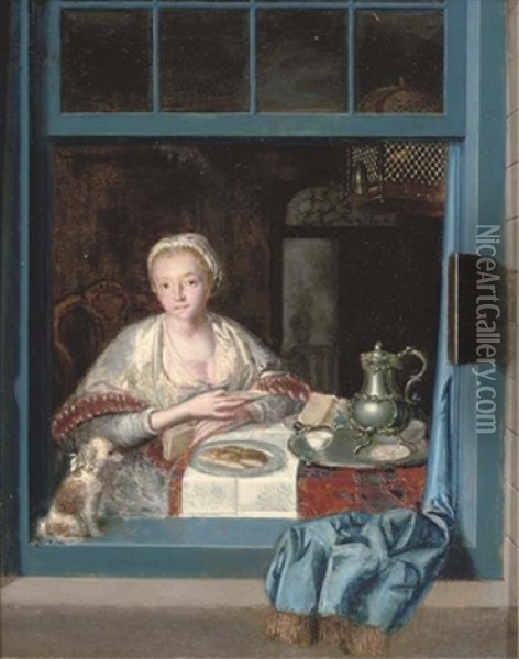 A Lady Sitting At A Table With A Dog At An Open Window Oil Painting - Herman van der Myn