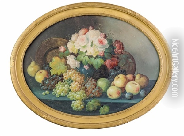 Stillleben Mit Blumen, Fruchten Und Teller Oil Painting - Rudolf Stoitzner