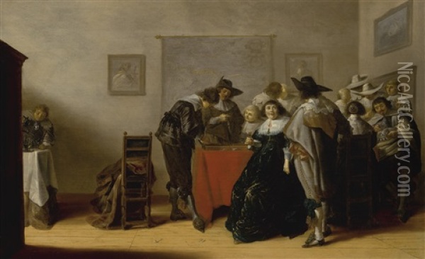 An Elegant Company In Conversation Playing Games And Drinking In An Interior Oil Painting - Anthonie Palamedesz