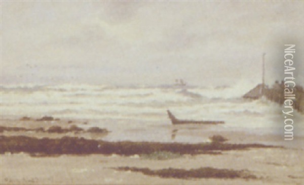 Marine Med Sejlskib Og Fiskere Pa Molen Oil Painting - Carl Ludvig Thilson Locher