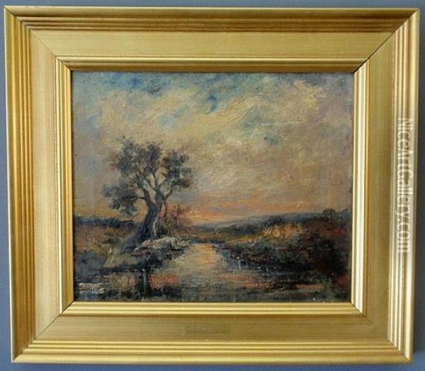 Landscape Painting Of A Tree Along A Stream At Sunset Oil Painting - Charles Henry Miller