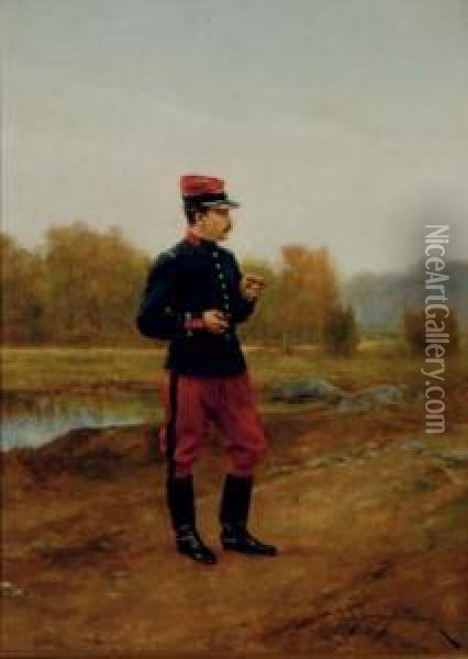 A French Military Officer Smoking; And A Companion Painting Oil Painting - Etienne Prosper Berne-Bellecour