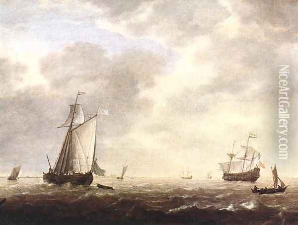 A Dutch Man-of-war and Various Vessels in a Breeze c. 1642 Oil Painting - Simon De Vlieger