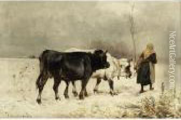 A Peasant Woman With Her Cattle In A Winter Landscape Oil Painting - Henry Schouten