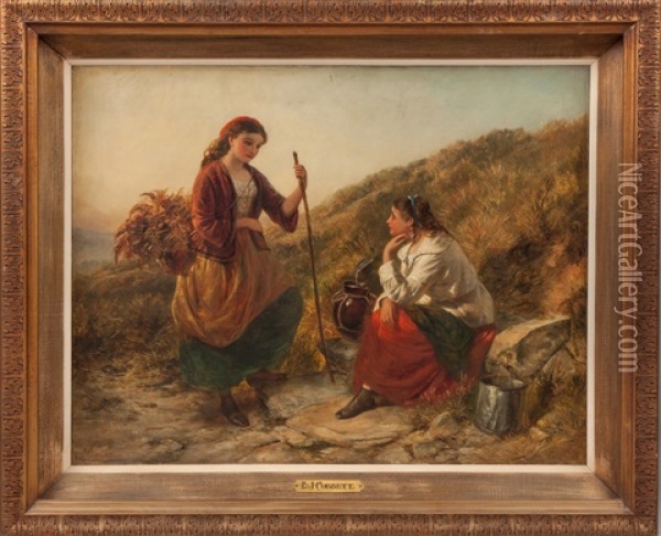 Young Girls On A Path Oil Painting - Edward John Cobbett